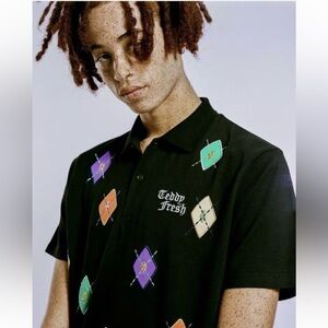 Teddy Fresh ARGYLE APPLIQUE Polo Shirt with Colorful Accents